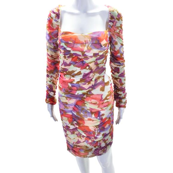 Nicholas Maleah Watercolor Floral Mesh Ruched Cocktail Dress 8 $395 - Picture 5 of 12